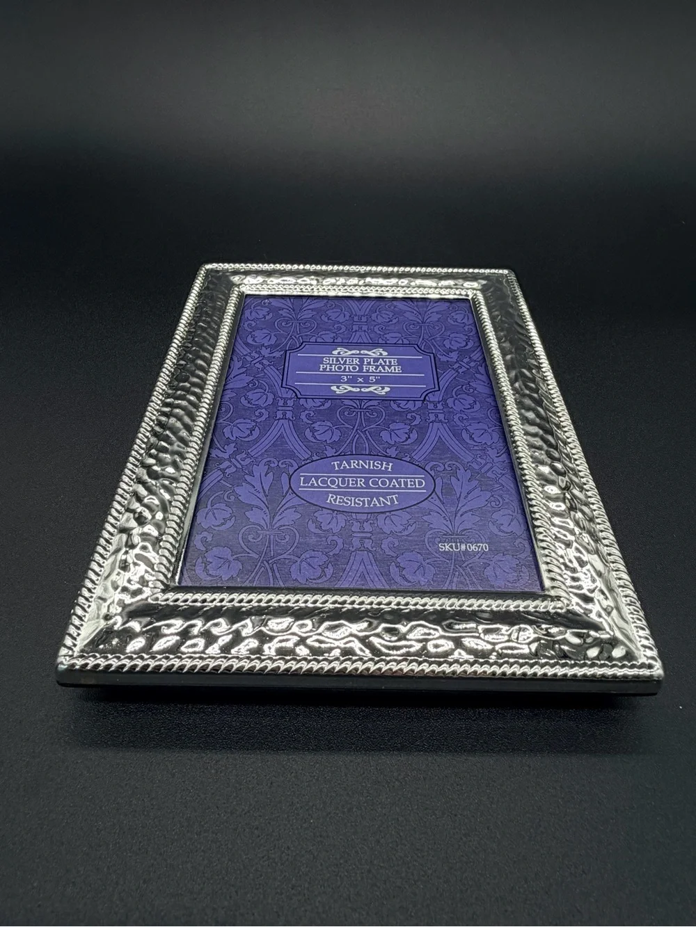 NIB Silver Plated 3x5 Photo Frame Hammered Metal Rope Trim Elegant Tabletop